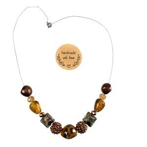 Handmade Silver Wire Single Clasp Brown Stone Beaded Necklace